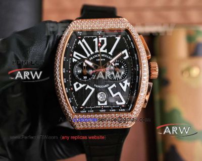 Replica Franck Muller Rose Gold Diamond Case Black Leather Strap Quartz Watch 